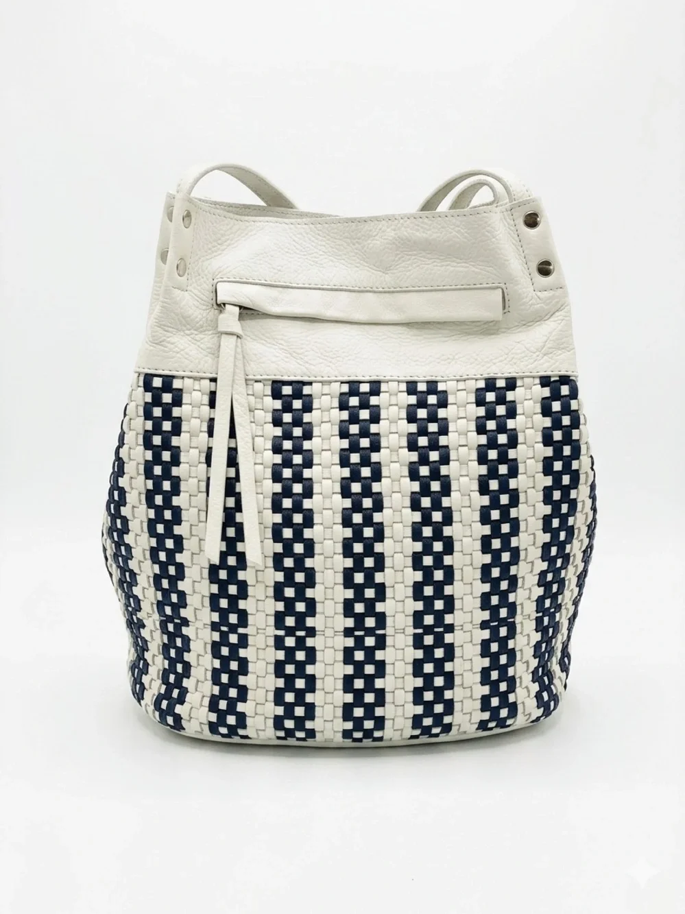 Kooba Handcrafted Leather Denim Woven Bucket Bag Tote